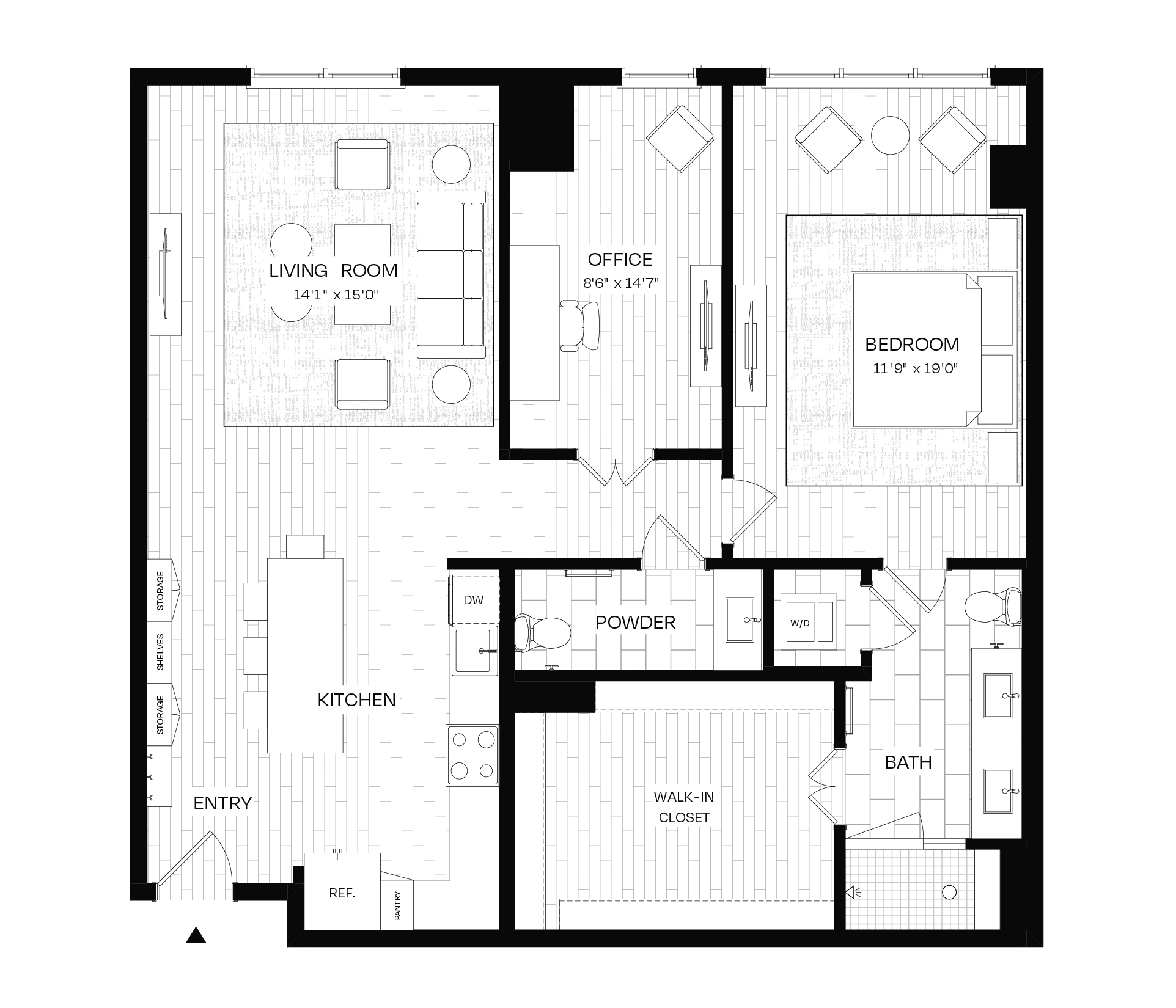 Floor plan for 1 bed, 1.5 baths, 1246 sqft